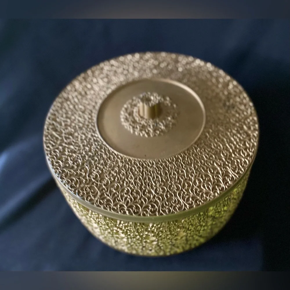 Vintage MCM Ornate Gold Hollywood Regency Round Lidded Storage Sewing Box